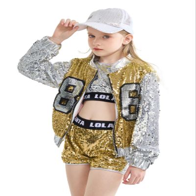 LOLANTA Teen Girls 80s 90s Sequin Dance Costume Sparkle Hip Hop Jazz Dance Dresses Modern Dancing Outfits (Gold, 14-16)