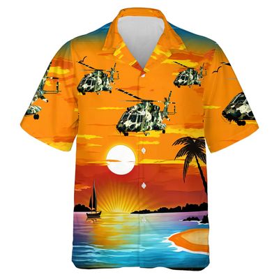 228CLOSET Helicopter Hawaiian Shirt for Men - Camo Chopper Button Down Shirt Men, Mens Hawaiian Shirt Set 27 Size XL