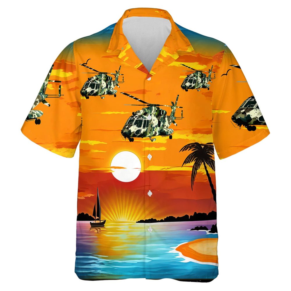 228CLOSET Helicopter Hawaiian Shirt for Men - Camo Chopper Button Down Shirt Men, Mens Hawaiian Shirt Set 27 Size XL
