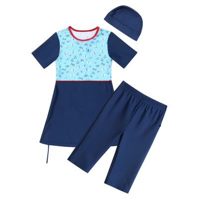 Modest Swimsuits for Girls Muslim Islamic Burkini Short Sleeve Skirted Top Capri Pants Swimming Cap Three Piece Rash Guard Set Floral Print Bathing Suit Sun Protection Swimming Blue 9-10Y
