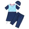 Modest Swimsuits for Girls Muslim Islamic Burkini Short Sleeve Skirted Top Capri Pants Swimming Cap Three Piece Rash Guard Set Floral Print Bathing Suit Sun Protection Swimming Blue 9-10Y view 1