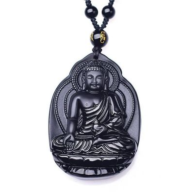 Natural Authentic Obsidian Pharmacist Buddha Pendant for Male and Female Avalokitesvara Great Sun Buddha Guardian Necklace Crystal Jewelry Necklace (52 * 37mm)