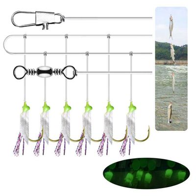 8# - 6 Hooks/Set Sabiki Fishskin String Hook Fishing Lure Rig Grow in The Dark Night