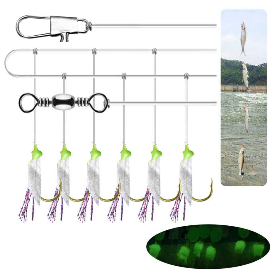 8# - 6 Hooks/Set Sabiki Fishskin String Hook Fishing Lure Rig Grow in The Dark Night