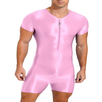 Oyolan Men's Spandex Zipper Front Bodysuit Workout Dance Biketard Unitard Wrestling Singlet Jumpsuit Pink Medium