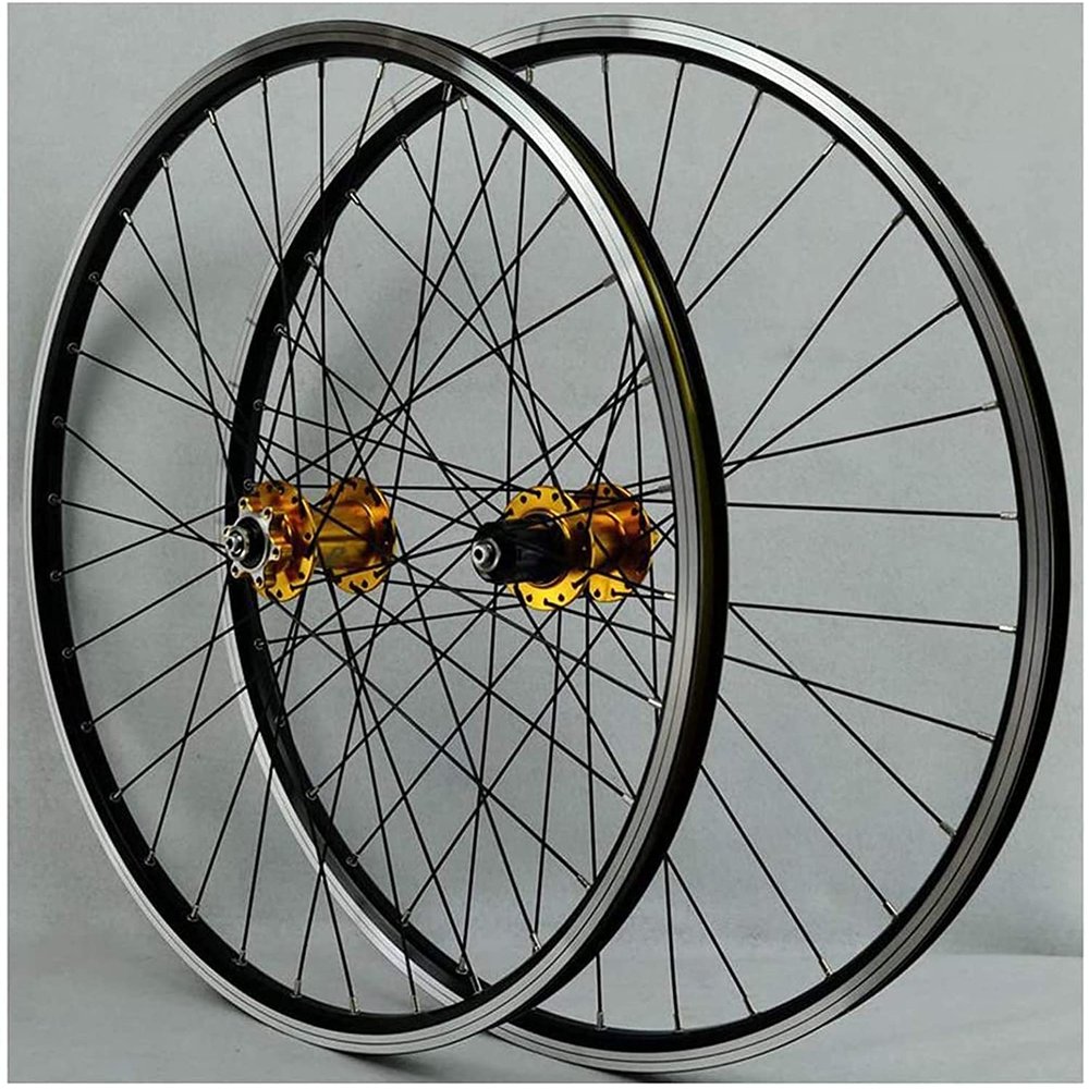 ZECHAO 26/27.5/29 Inch Mountain Bike Wheelset,32H Front Rear Wheel Double Layer Alloy Sealed Bearing Disc Rim Brake QR 7-11 Speed Wheelset (Color : Gold, Size : 26inch)