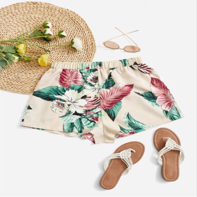 ABZEKH Shorts for Women Shorts Women's Shorts Tropical Print Elastic Waist Shorts Shorts (Color : Multicolor, Size : X-Large)
