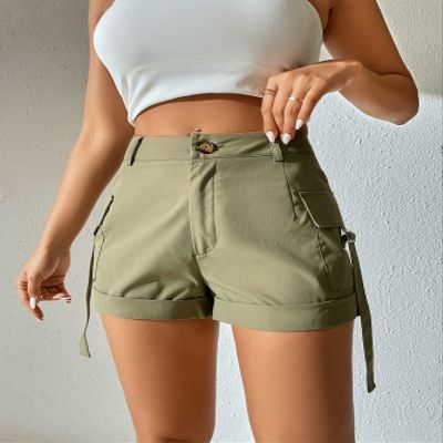 ABZEKH Shorts for Women Shorts Women's Shorts Buckle Tape Flap Pockets Shorts Shorts (Color : Army Green, Size : X-Small)