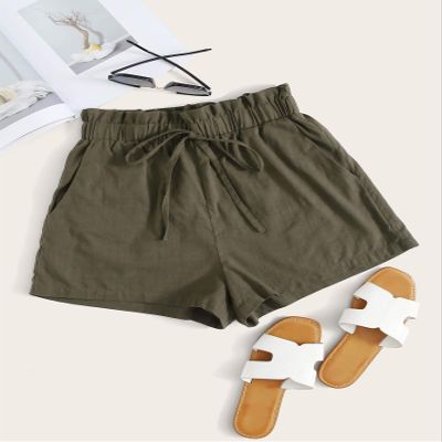 ABZEKH Shorts for Women Shorts Women's Shorts Paperbag Waist Slant Pocket Shorts Shorts (Color : Army Green, Size : X-Large)