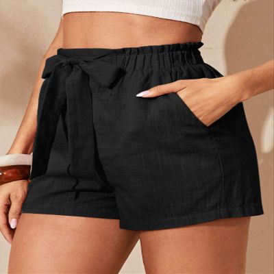 ABZEKH Shorts for Women Shorts Women's Shorts Paperbag Waist Knot Front Shorts Shorts (Color : Black, Size : Large)
