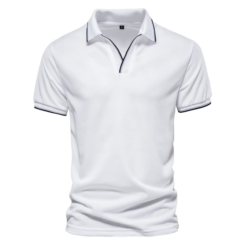 JMKEY Men's Solid Color V-Neck Poloshirt Overalls Short-Sleeved top Slim fit Solid Color Sports Basics Casual Business Shirt