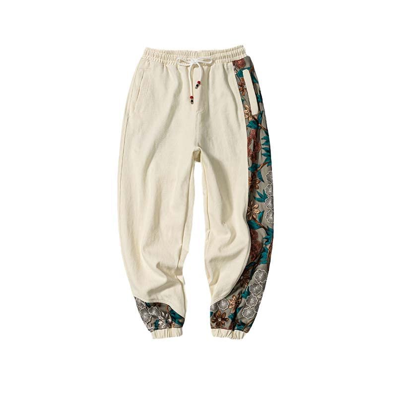 Aoleaky Spring Autumn Embroidery Patchwork Harem Trousers, Casual Pants, Harajuku Joggers Beige XS