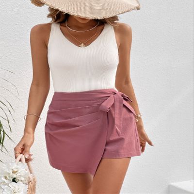 CRTGW Shorts for Women Solid Knot Side Wrap Knot Side Skort (Color : Dusty Pink, Size : Medium)