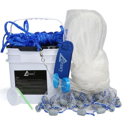 Drasry Saltwater Fishing Cast Net 3/8 and 1/4 Mesh with Heavy Duty Gray Sinker American Monofilament Fish Throw Net for Bait Trap 3FT 4FT 5FT 6FT 7FT 8FT 9FT Radius 1/4, 4FT Radius /120cm
