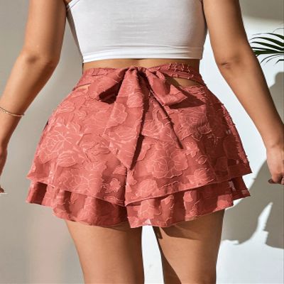ABZEKH Shorts for Women Shorts Women's Shorts Jacquard Two Layer Hem Shorts Shorts (Color : Redwood, Size : X-Large)