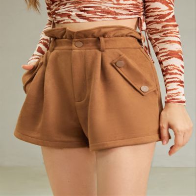 ABZEKH Shorts for Women Shorts Women's Shorts Paperbag Waist Suedette Shorts Shorts (Color : Brown, Size : Small)