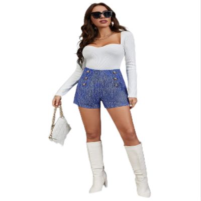 ABZEKH Shorts for Women Shorts Women's Shorts High Waist Fake Button Tweed Shorts Shorts (Color : Blue, Size : Large)