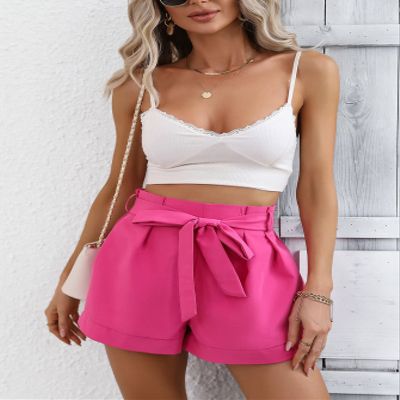 ABZEKH Shorts for Women Shorts Women's Shorts Paperbag Waist Roll Up Hem Belted Shorts Shorts (Color : Hot Pink, Size : X-Large)
