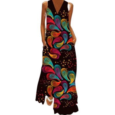 FUMOOD Sleeveless Positioning Print Pocket Dress Maxi Dresses for Women 2023