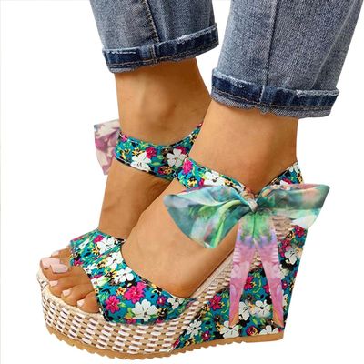 BORAMAX Womens Sandals Cute Bowknot Open Toe Boho High Heels Buckle Ankle Strap Summer Shoes Rhinestone Open Toe Wedge Sandals for Women