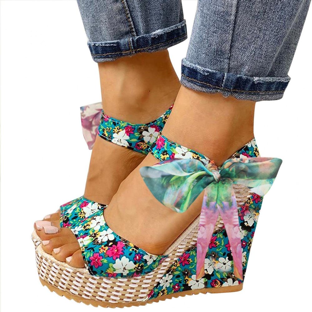 BORAMAX Womens Sandals Cute Bowknot Open Toe Boho High Heels Buckle Ankle Strap Summer Shoes Rhinestone Open Toe Wedge Sandals for Women