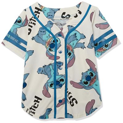 Disney Girls Lilo & Stitch All Over Print Baseball Jersey Mesh Button Down Shirt Ivory