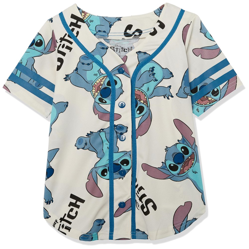 Disney Girls Lilo & Stitch All Over Print Baseball Jersey Mesh Button Down Shirt Ivory
