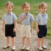 Pofiko Boy's Suit Kids Clothes Outfit Summer Shorts Suspenders Set Wedding Dress Shirt with Bowtie 1-8 Years White view 2