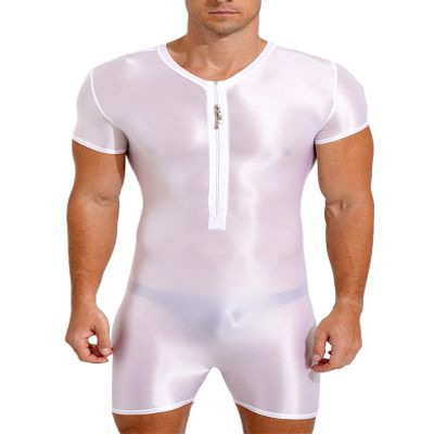 Vxuxlje Men's Glossy Stretchy Short Sleeve Slim Fit Jumpsuit Unitard Workout Shorts Bodysuits White Medium