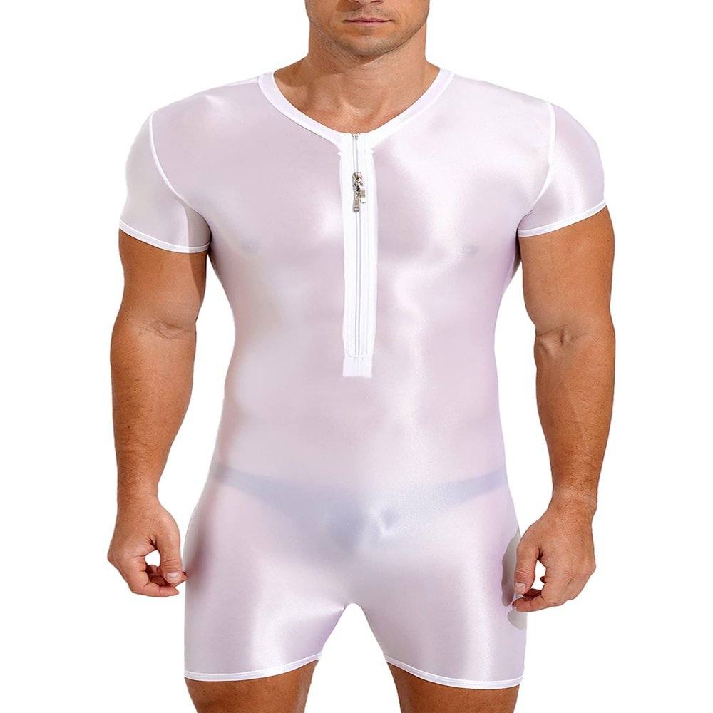 Vxuxlje Men's Glossy Stretchy Short Sleeve Slim Fit Jumpsuit Unitard Workout Shorts Bodysuits White Medium