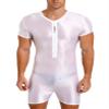 Vxuxlje Men's Glossy Stretchy Short Sleeve Slim Fit Jumpsuit Unitard Workout Shorts Bodysuits White Medium view 1
