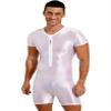 Vxuxlje Men's Glossy Stretchy Short Sleeve Slim Fit Jumpsuit Unitard Workout Shorts Bodysuits White Medium view 3