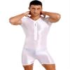 Vxuxlje Men's Glossy Stretchy Short Sleeve Slim Fit Jumpsuit Unitard Workout Shorts Bodysuits White Medium view 4