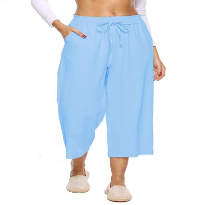 LNX Womens Linen Capri Pants Wide Leg High Waisted Drawstring Casual Cropped Pants with Pockets Light Blue