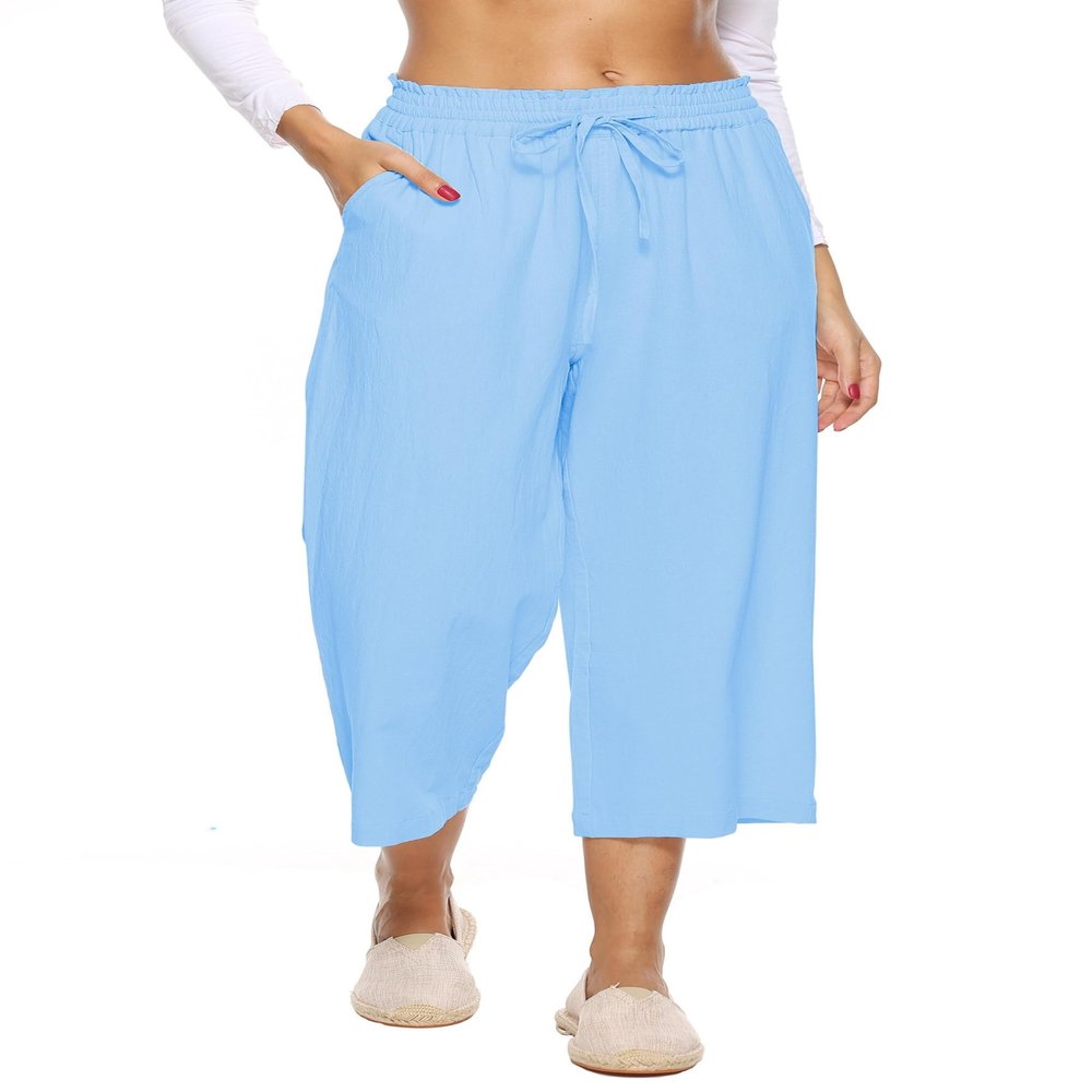 LNX Womens Linen Capri Pants Wide Leg High Waisted Drawstring Casual Cropped Pants with Pockets Light Blue