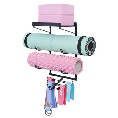 Yoga Mat Holder Wall Mount Storage Shelf Black & Hooks for Resistance Bands