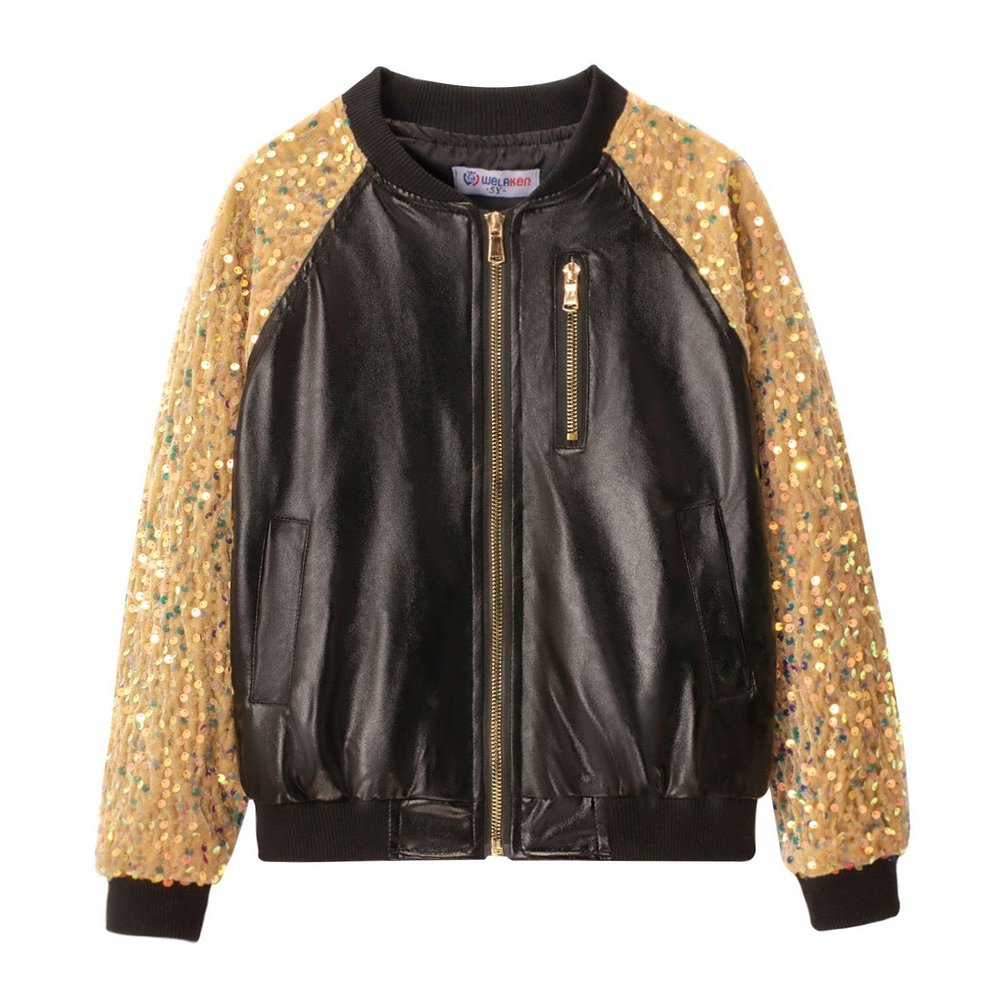 WELAKEN Sequin Jacket for Girls II Kid & Toddler lightweight Flight Jacket Kid's Bomber Jacket,Black,6-7Y