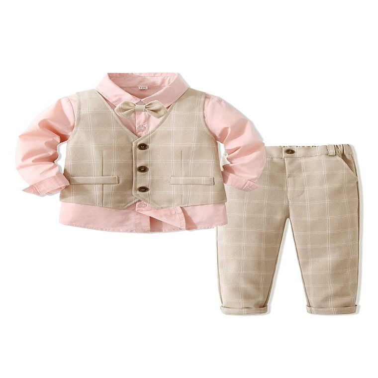 Abolai Baby Boys' 4 Piece Elegant Gentleman Set with Pink Shirt,Bowtie,Plaid Vest and Plaid Pant Beige 90