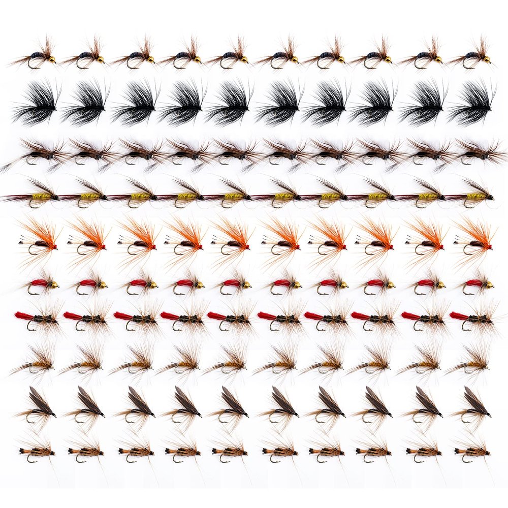Goture 100pcs Fly Fishing Flies Kit - Fly Fishing Lures Assortment for Bass, Trout, Salmon & Pike - Dry, Wet, Streamers & Nymphs - Gift