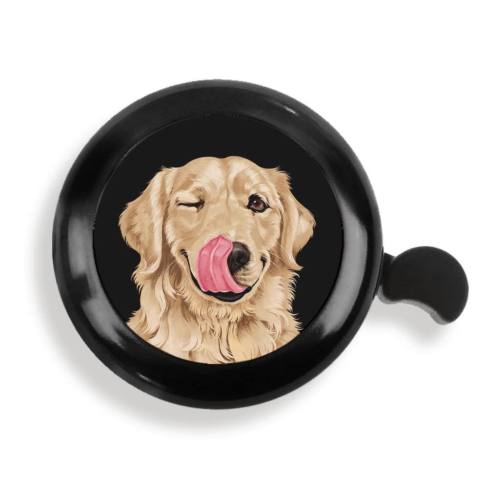 WIRESTER Black Aluminum Round Bike Bell, Classic Ring Bicycle Bell, Bike Accessories Bell Ring for Adults Kids Girls Boys - Cute Winking Golden Retriever Dog
