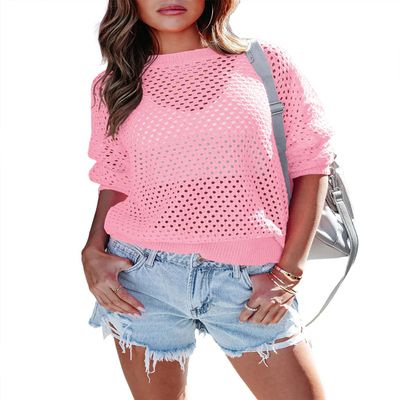 Doshoop Women's Crochet Crewneck Lightweight Hollow Out Long Sleeve Sexy Knit Sweater Pink