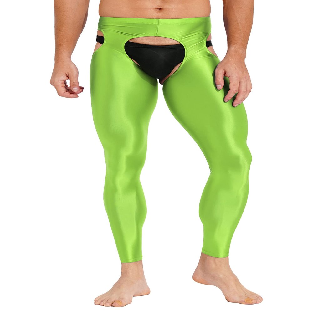 Hularka Men's Mesh Sheer Yoga Pants See Through Compression Tights Workout Leggings Hollow Out Bottom Fluorescent Green One Size