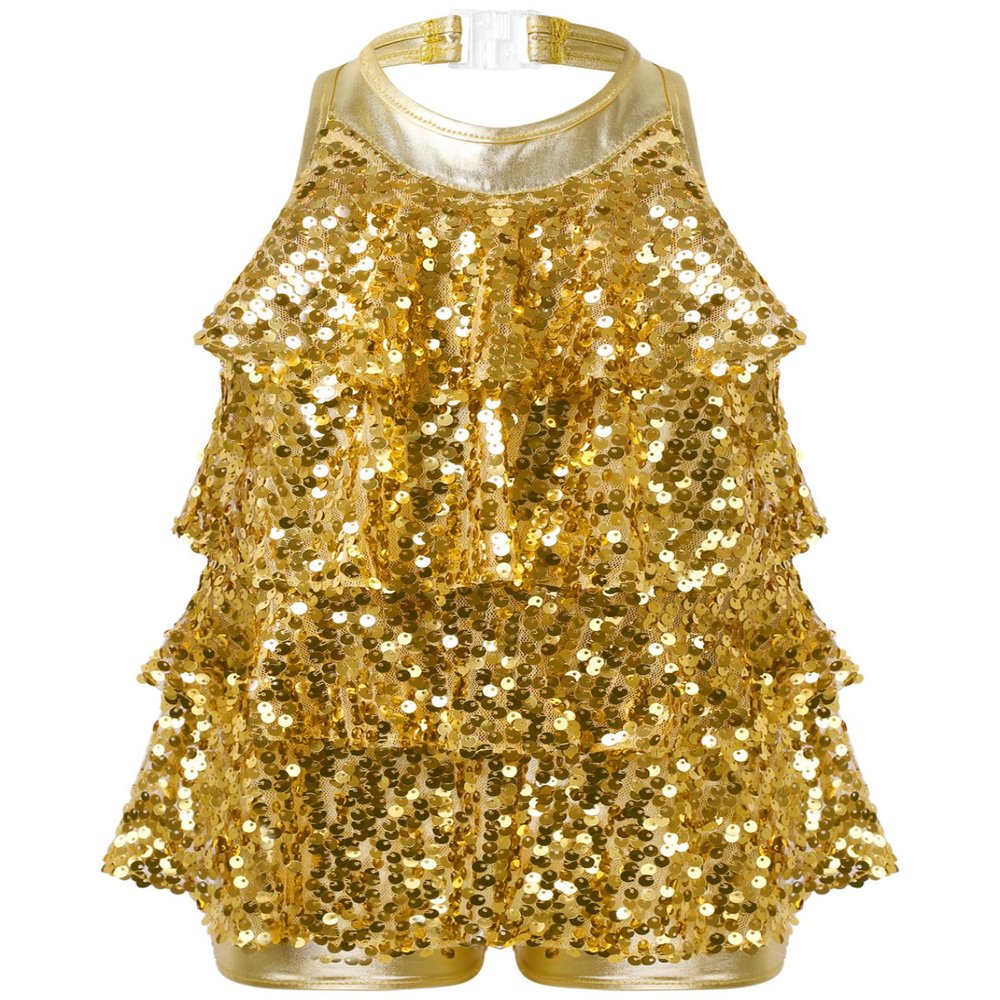 Yruioon Girls Sparkly Sequins Latin Jazz Dance Dress Leotard Modern Ballet Salsa Rumba Stage Performance Costume Gold 12 Years