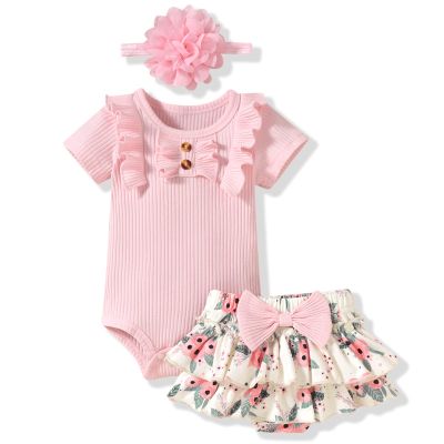 Aalizzwell 12-18 Months Infant Baby Girls Summer Clothes Ribbed Flower Ruffle Bloomer Shorts Spring Outfit Pink Clothing