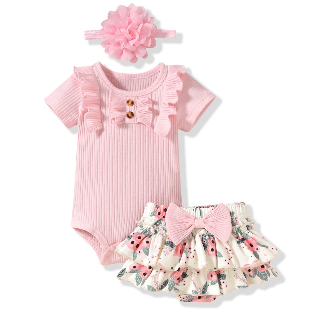 Aalizzwell 12-18 Months Infant Baby Girls Summer Clothes Ribbed Flower Ruffle Bloomer Shorts Spring Outfit Pink Clothing