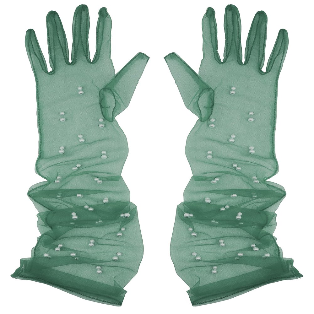 Aniler Women's 21'' Tulle Long Wedding Bridal Elbow Length Sheer Opera Party Gloves (Green Pearl, 21" Length)