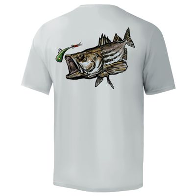Palmyth Men's Fishing Shirt Short Sleeve Sun Protection UV UPF 50+ SPF T-Shirt (Grey/Striped Bass, 4XL)