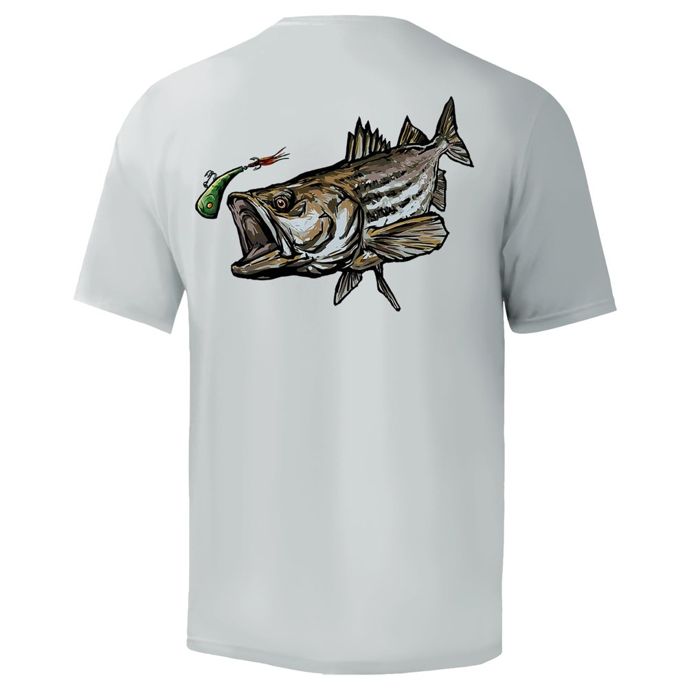 Palmyth Men's Fishing Shirt Short Sleeve Sun Protection UV UPF 50+ SPF T-Shirt (Grey/Striped Bass, 4XL)