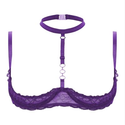 ACSUSS Womens 1/4 Cups Underwire Bra Halter Neck O Ring Sheer Lace Push Up Brassiere Lingerie Underwear Purple XX-Large