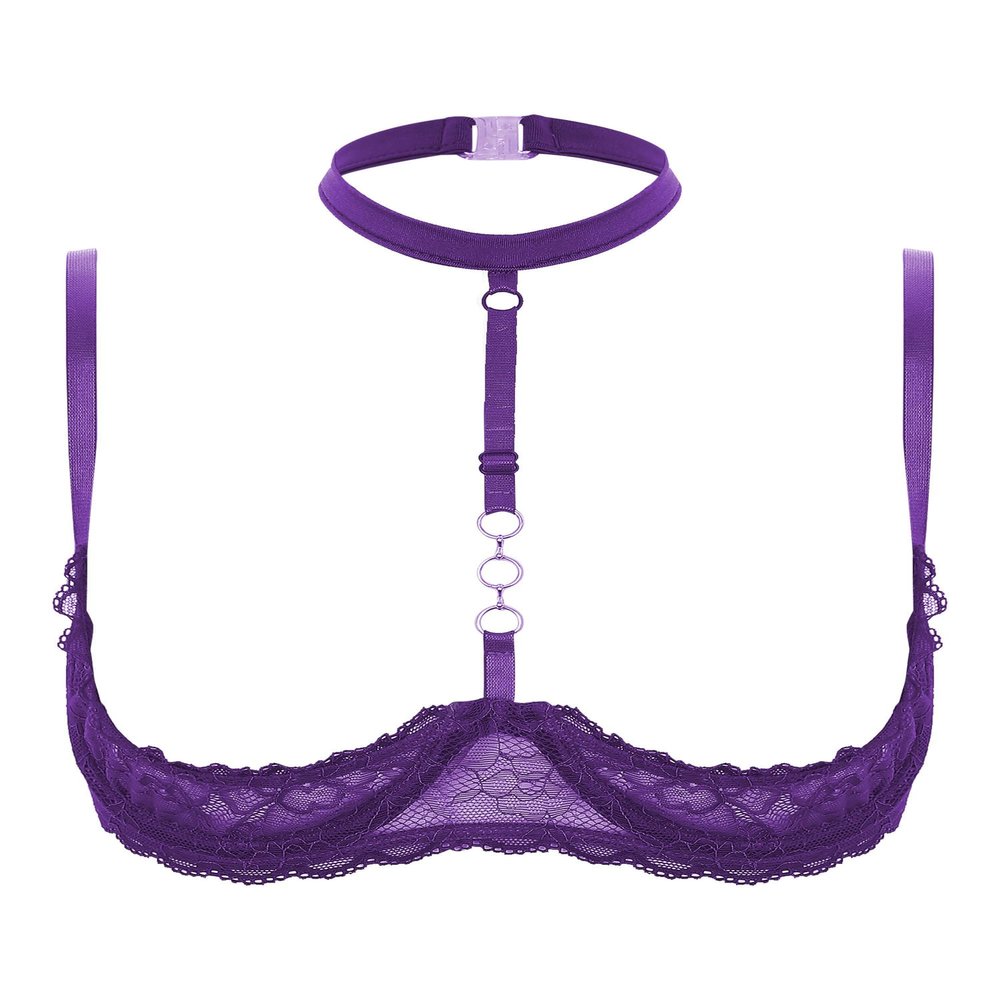 ACSUSS Womens 1/4 Cups Underwire Bra Halter Neck O Ring Sheer Lace Push Up Brassiere Lingerie Underwear Purple XX-Large